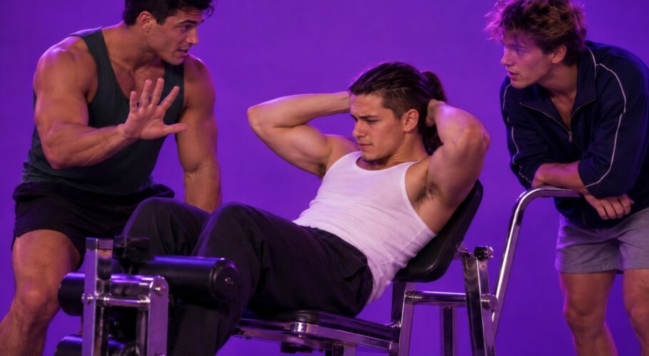 Tony doing sit-ups on a gym bench in a white tank top while friends watch, March 1999