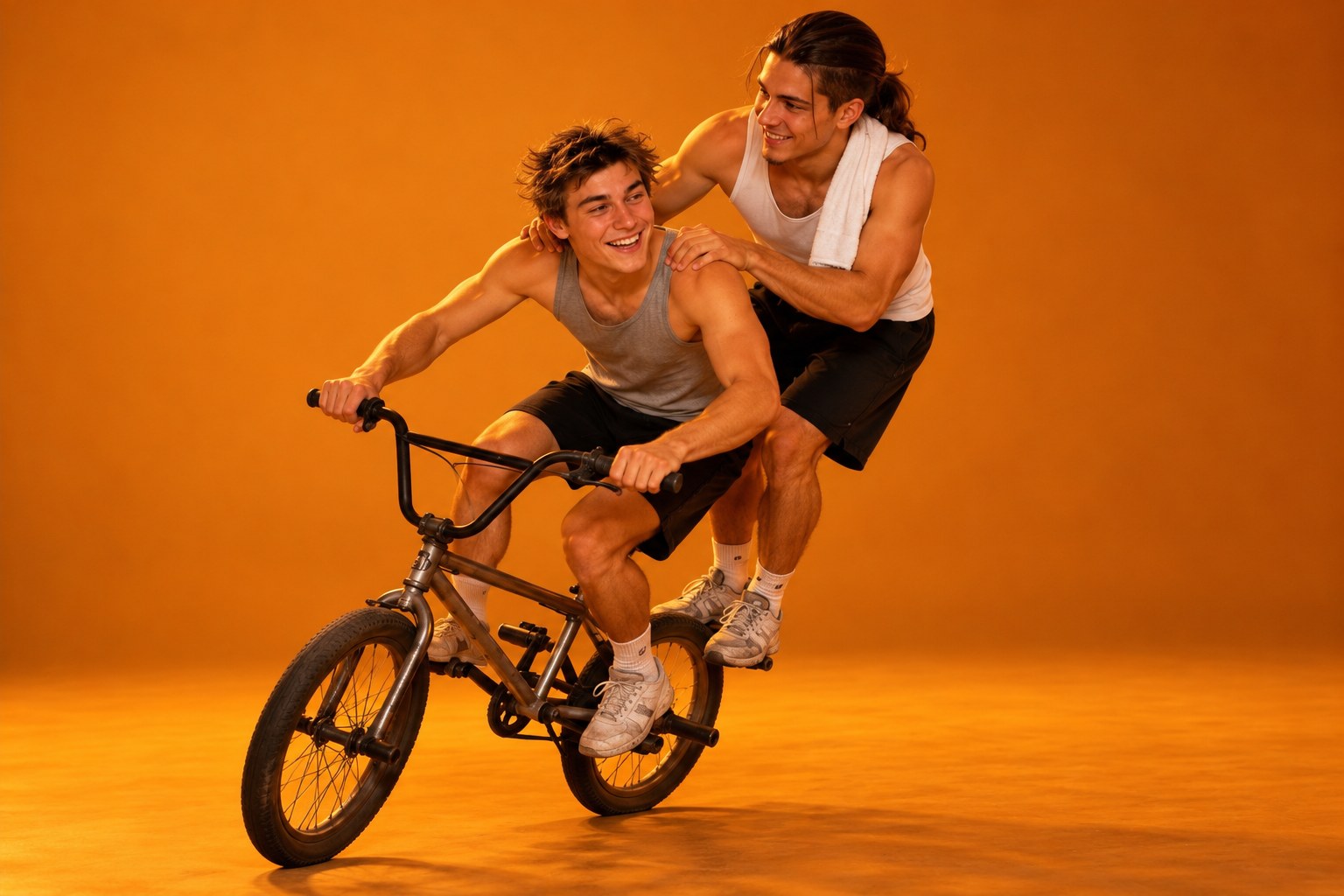 Tony standing on the rear pegs of a BMX bike doubled to the gym by a friend, March 1999