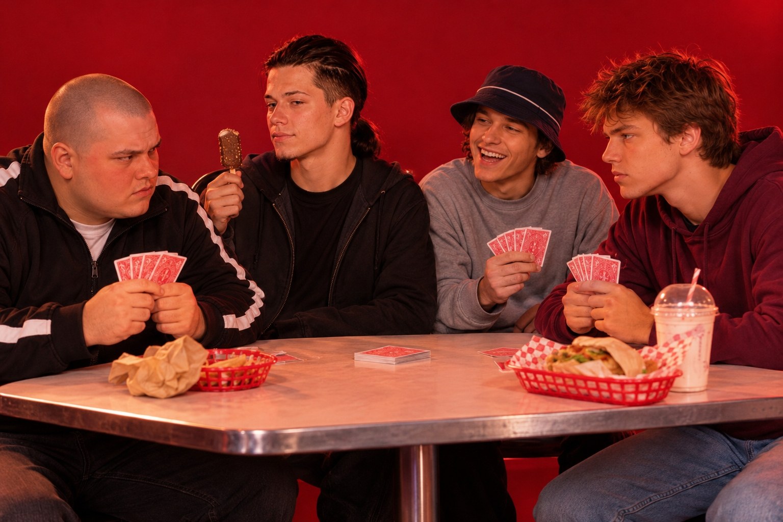 Tony in a dark jacket eating an ice cream at a diner table while friends hold cards, April 1999