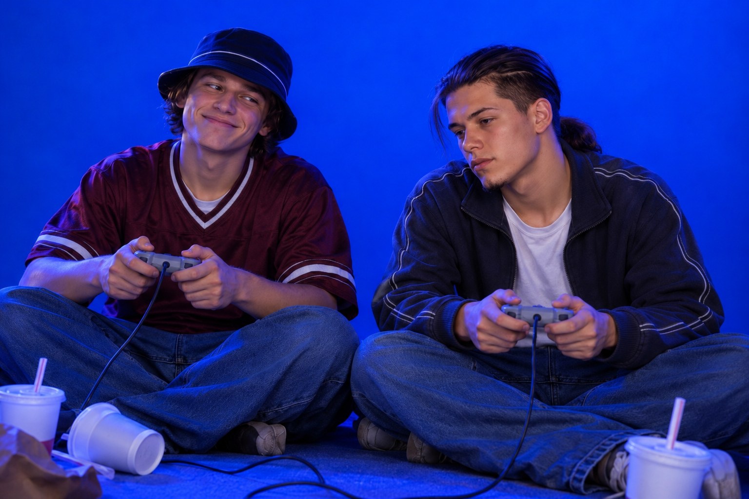 Tony in a navy jacket sitting cross-legged holding a game controller beside a friend, March 1999
