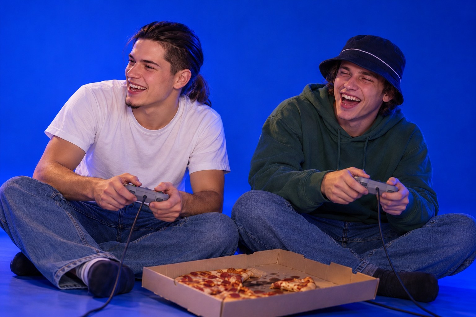 Tony in a white tee and Shawn in a bucket hat laughing over a console game with a pizza box, April 1999