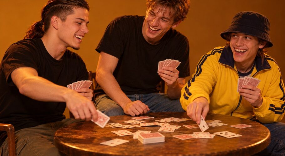 Tony, Keith and Shawn laughing around a table with playing cards flung across it, 1999