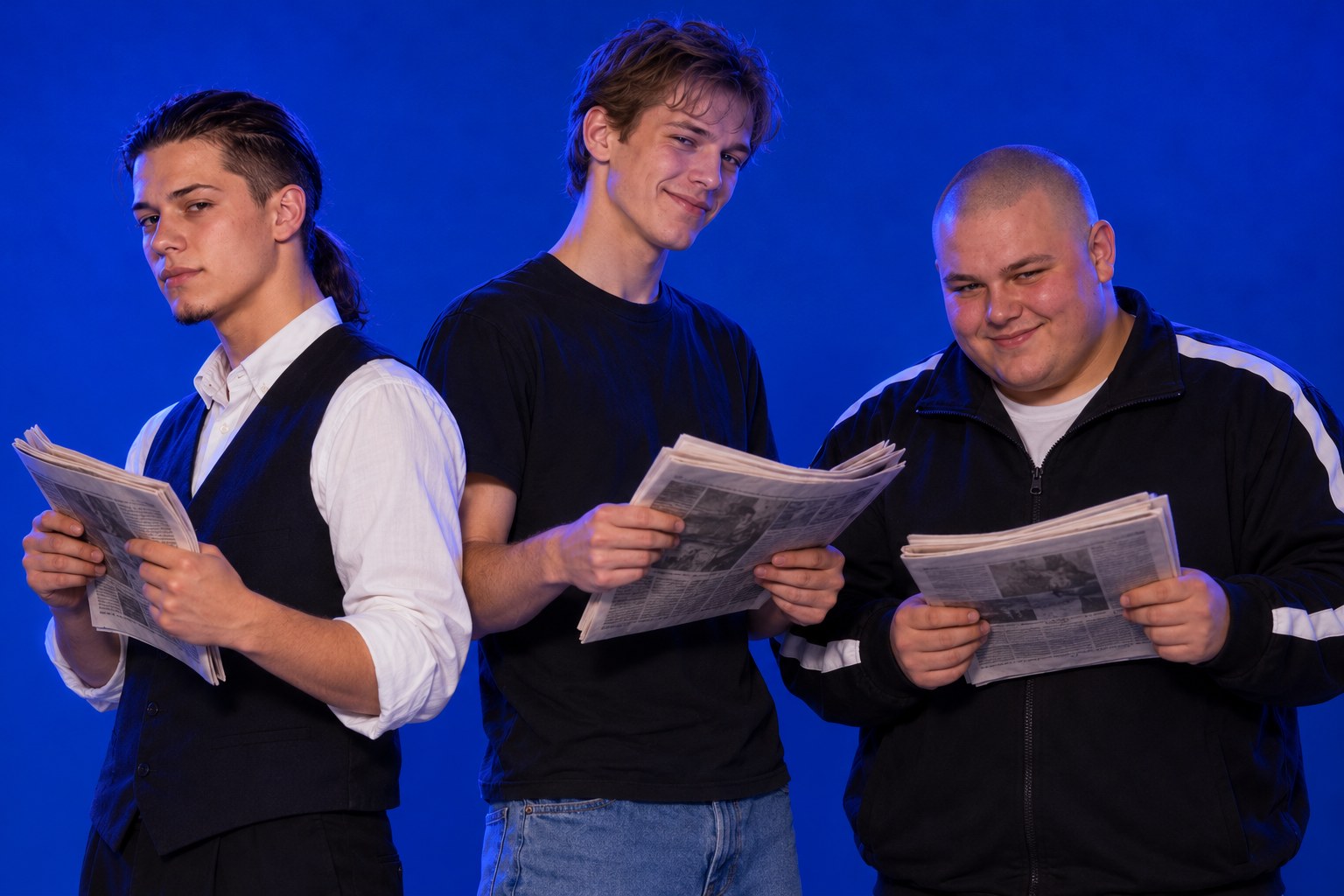 Tony, Keith and Simon holding Sunday newspapers and smirking, 1999
