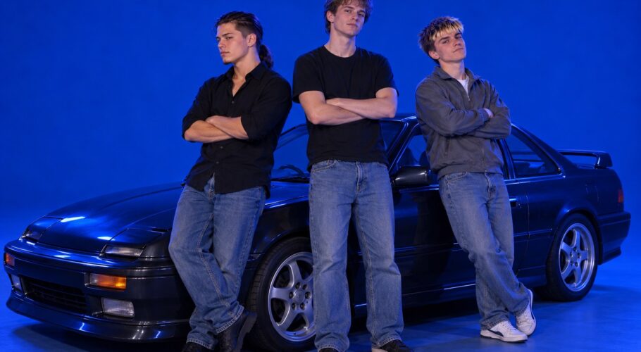 Tony, Keith and Tyler guarding a parking bay beside a Honda Prelude, April 1999