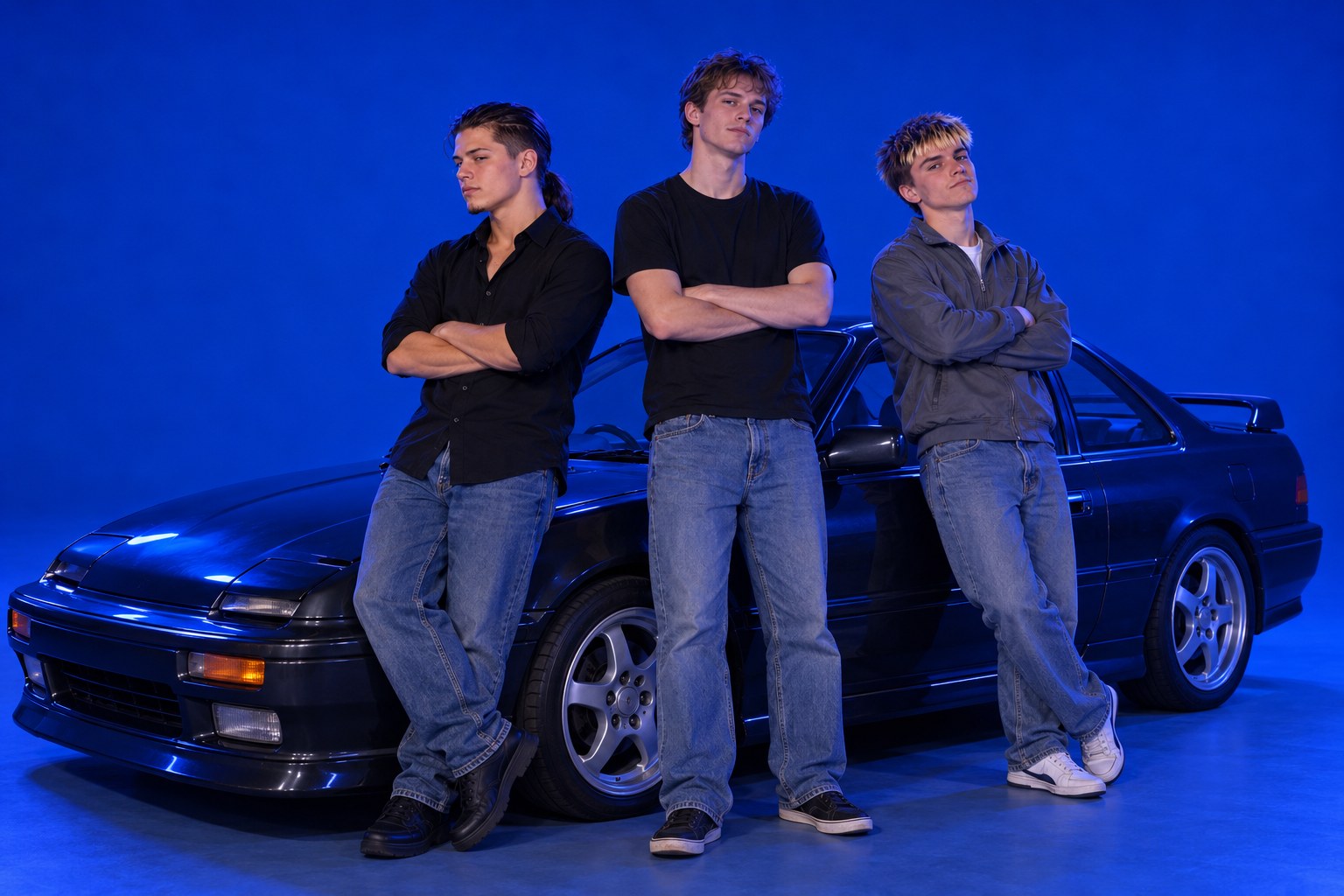 Tony, Keith and Tyler guarding a parking bay beside a Honda Prelude, April 1999