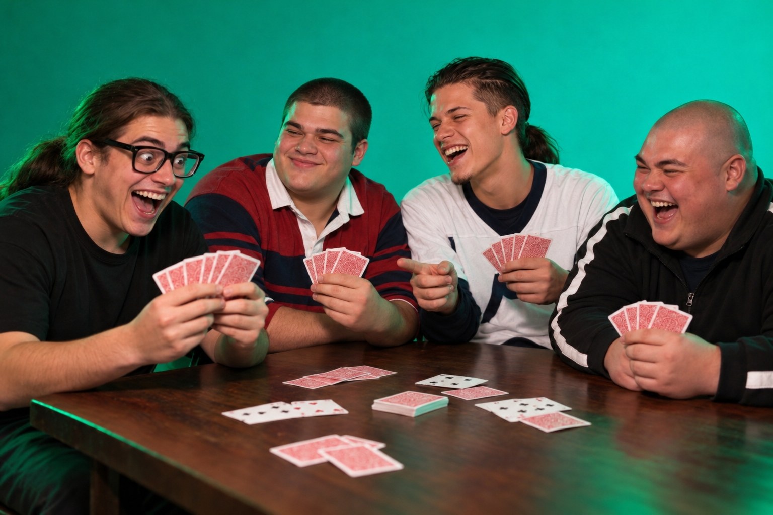 Tony laughing at a card table with Hamish in glasses and Simon, April 1999