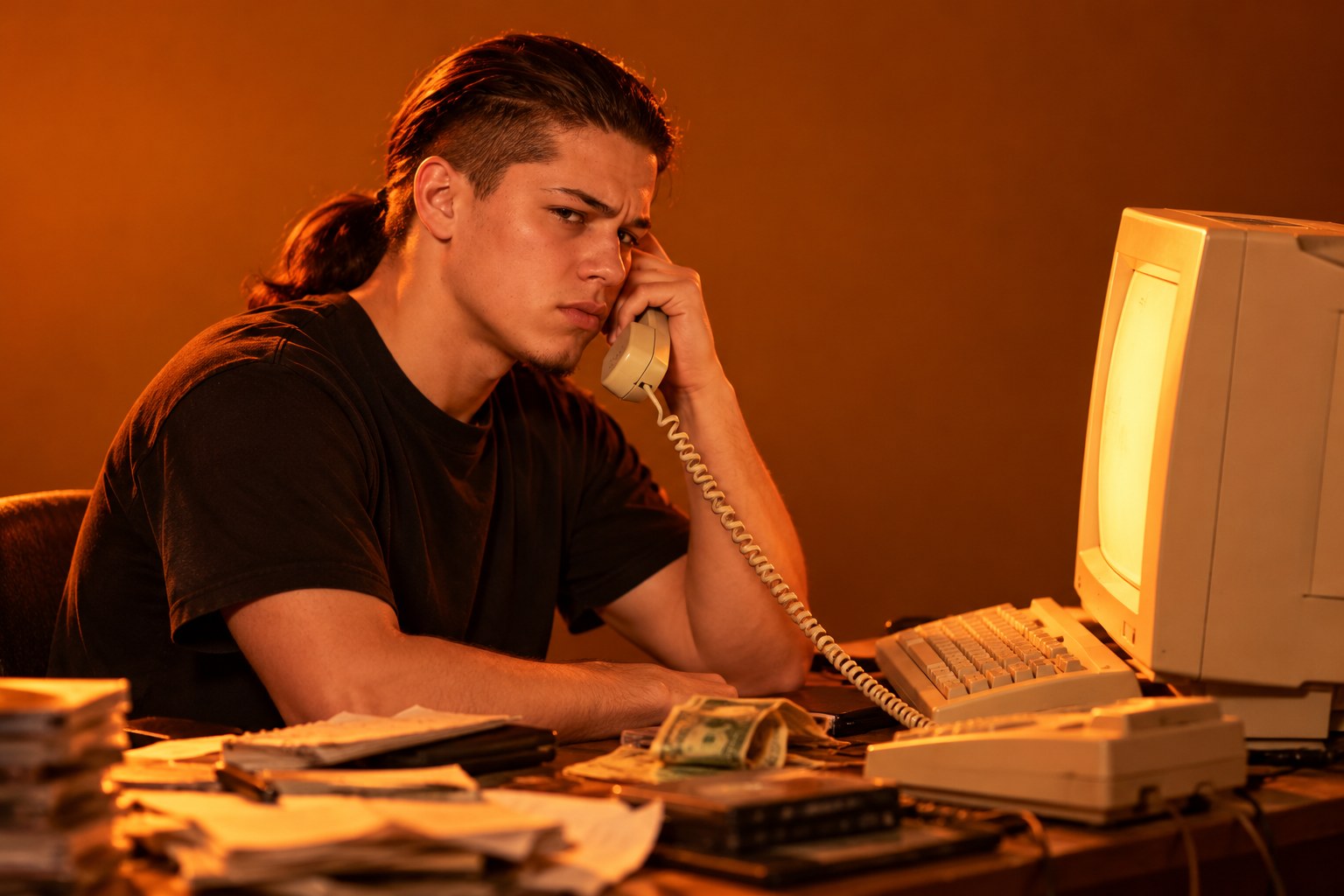 A long-haired young man alone at a cluttered bedroom desk beside a glowing beige CRT monitor, holding a beige corded phone handset to his ear with a tense annoyed frown, a few folded dollar notes on the desk in 1990s Australia
