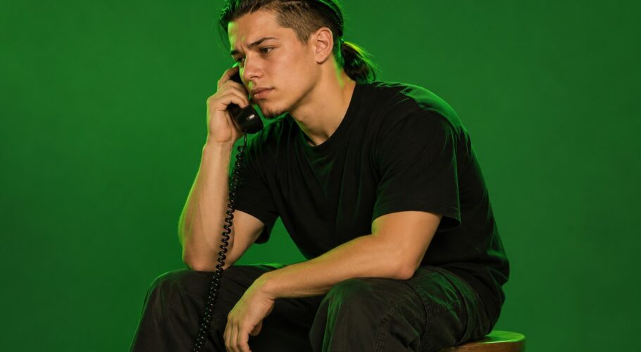 Tony on a wooden stool holding a corded phone with a thoughtful frown, 1999
