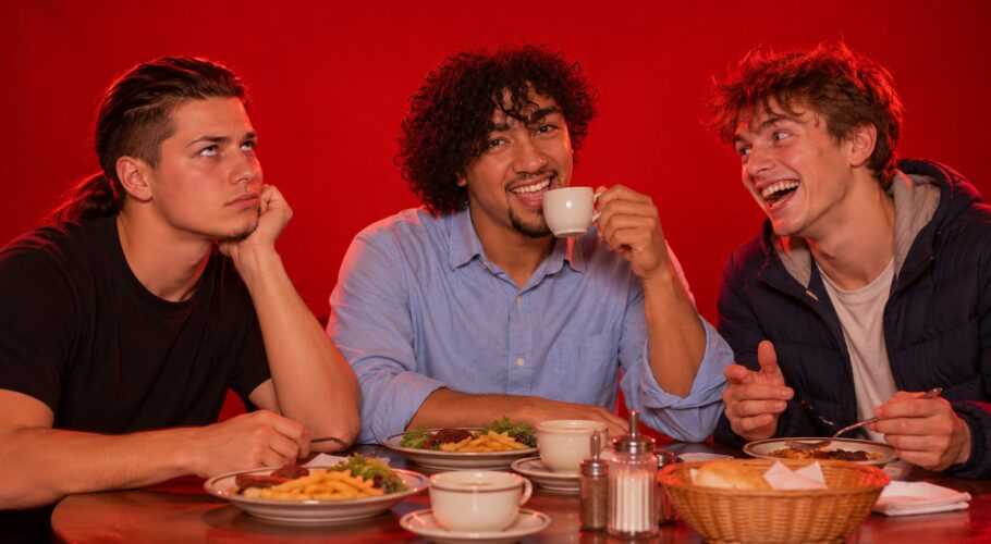 Tony rolling his eyes as Ralf sips from a small cup and Jett laughs at a restaurant table, 1999