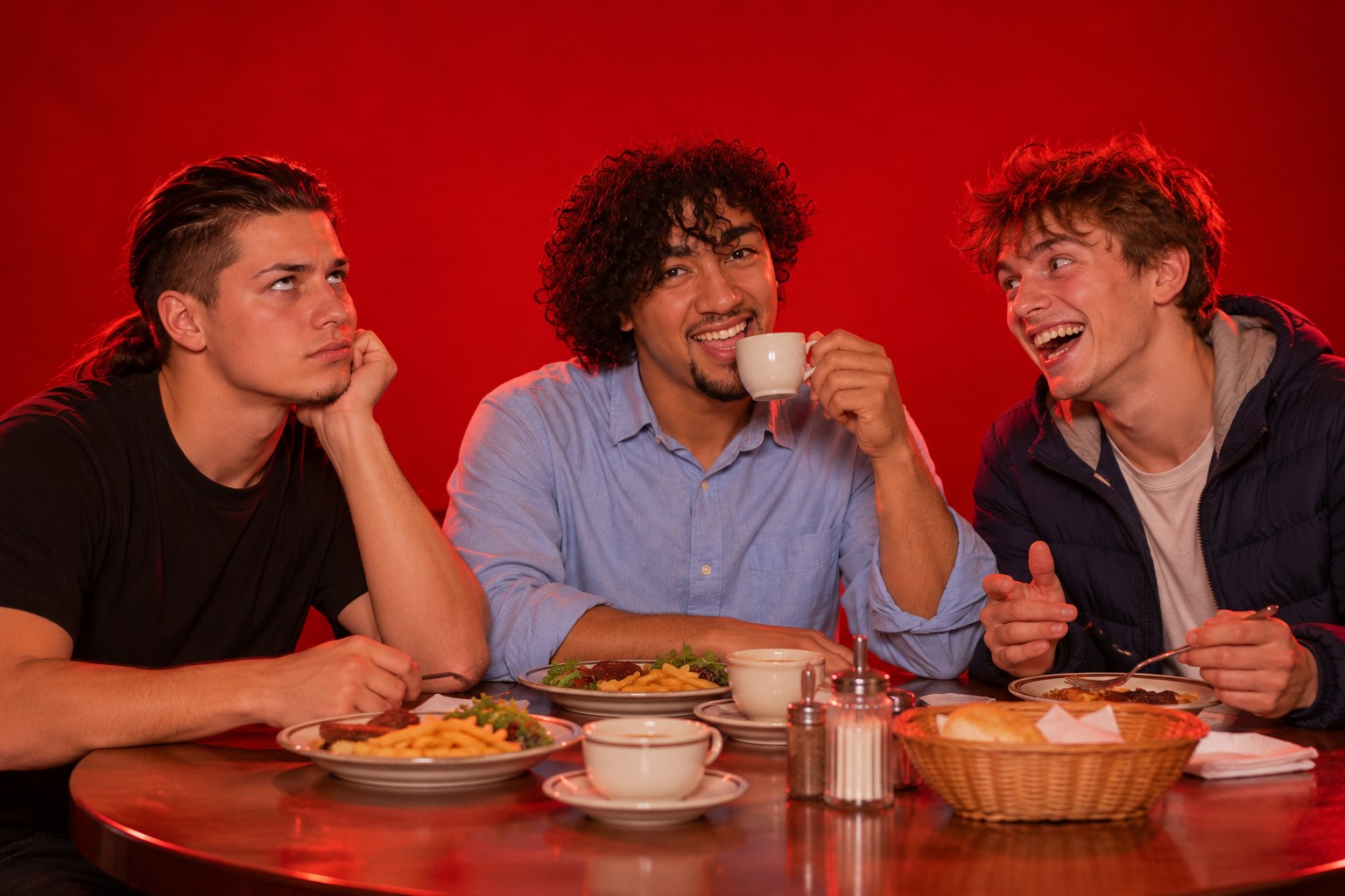 Tony rolling his eyes as Ralf sips from a small cup and Jett laughs at a restaurant table, 1999