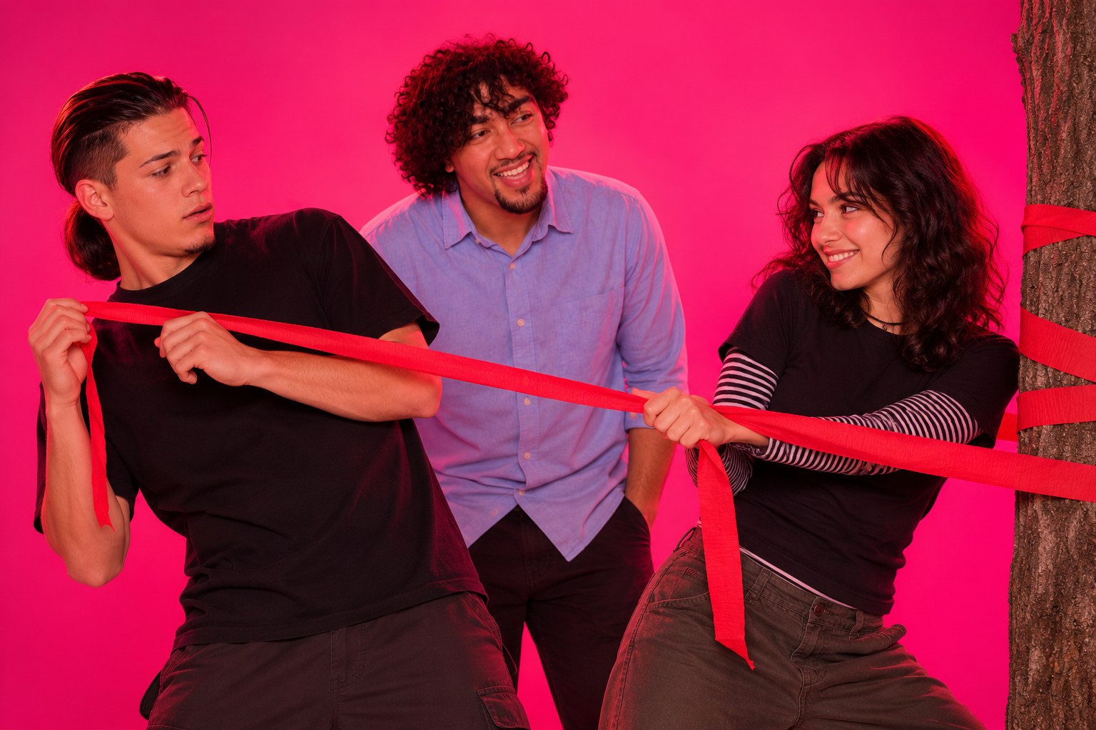 Tony and Ralf watching Rochelle tie red crepe paper around a tree
