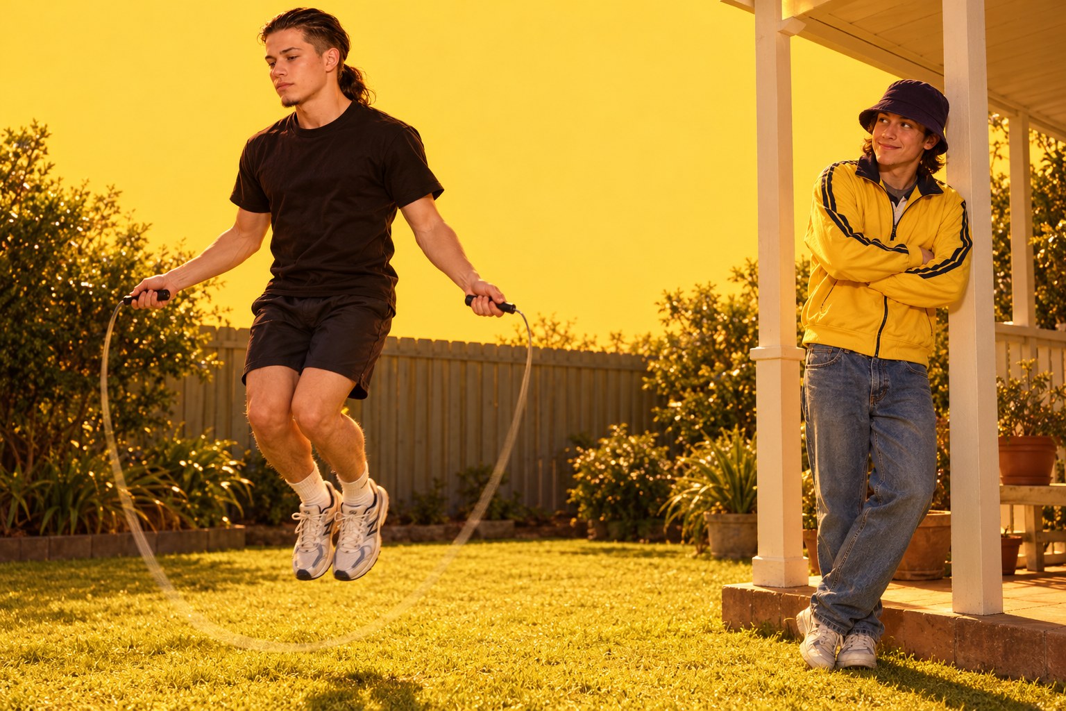 In a sunny suburban backyard a long-haired young man skips rope in fast doubles while a rumpled a young man in a bucket hat watches with raised eyebrows beside a veranda post in 1990s Australia