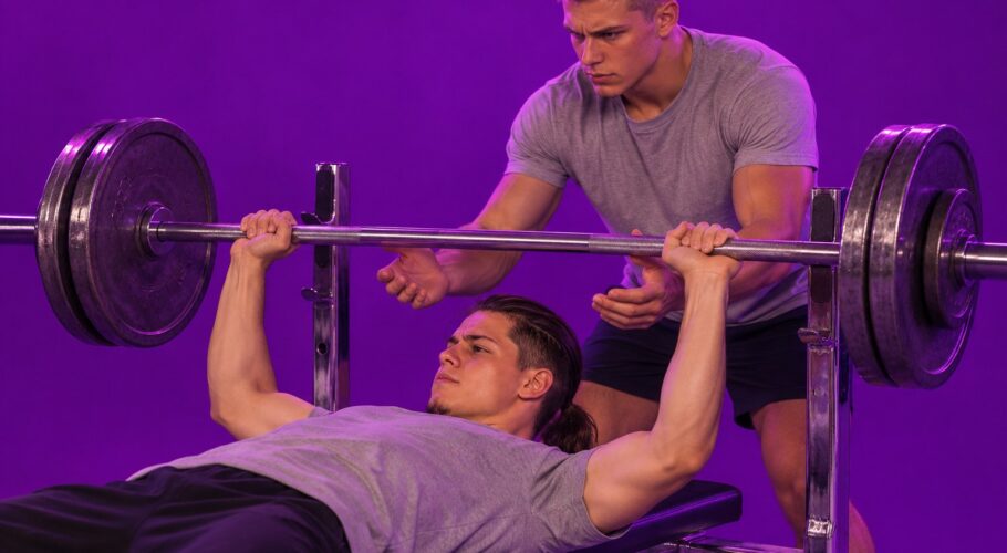 Tony on a chrome bench press with Pari spotting him, 1999