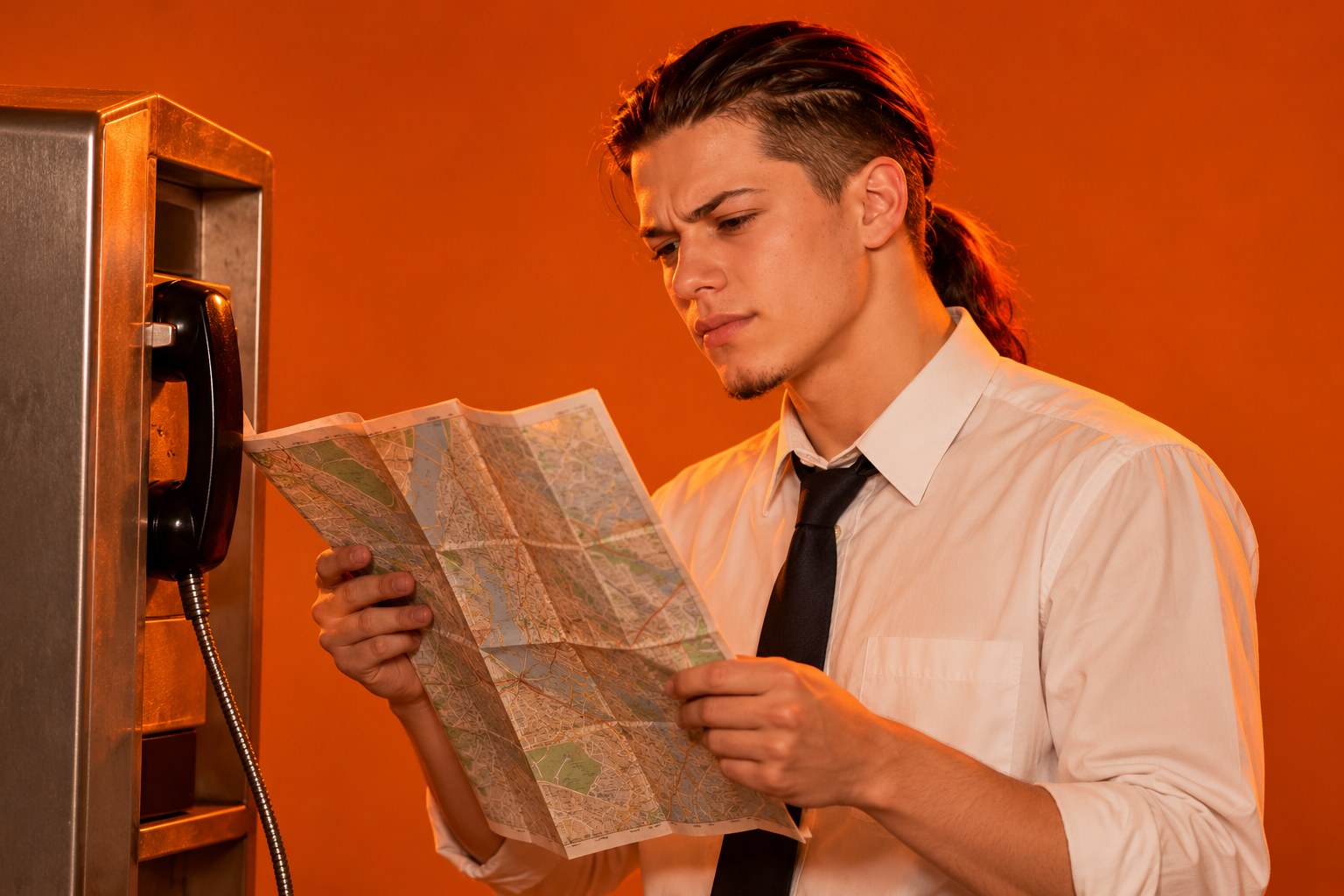 Tony squinting at a street directory beside a payphone, April 1999