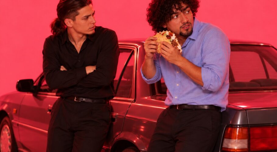 Tony leaning on a sedan with arms crossed while Ralf eats a taco, March 1999