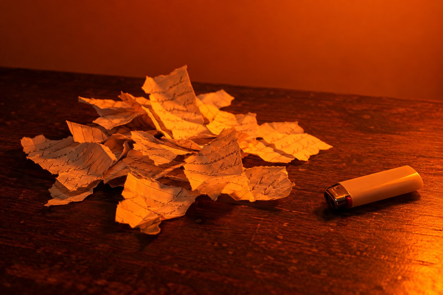 Torn scraps of old letters beside a plastic lighter on a wooden table