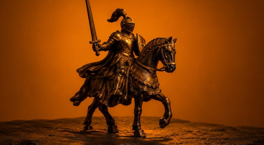 A tiny iron knight on a horse standing on a dark slate surface