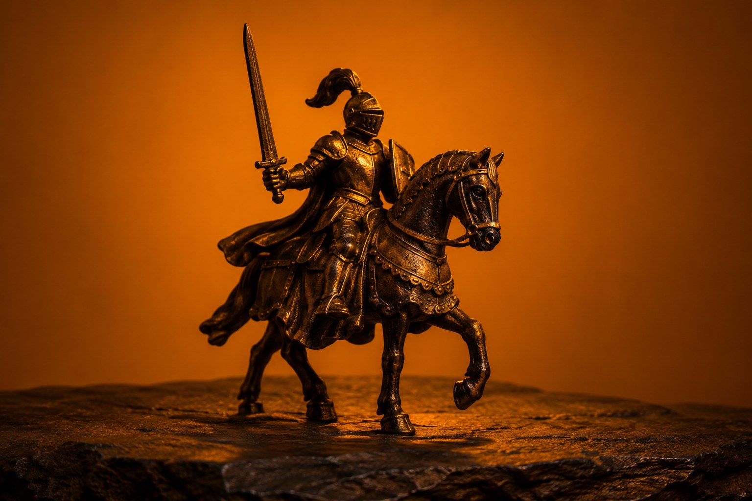 A tiny iron knight on a horse standing on a dark slate surface