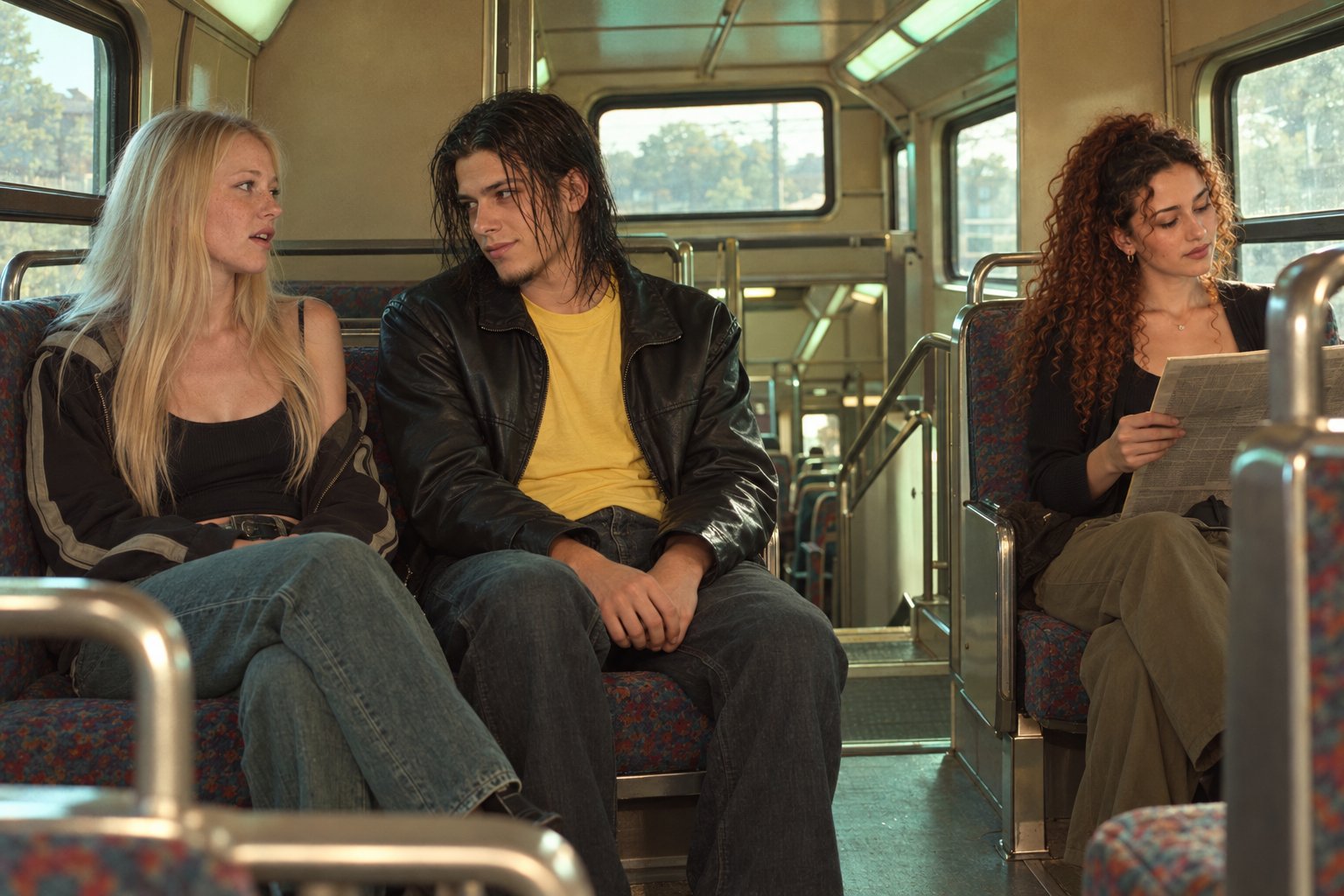 A blonde young woman and a young man chatting on a train bench seat while a girl reads a newspaper in a 1990s Sydney carriage.