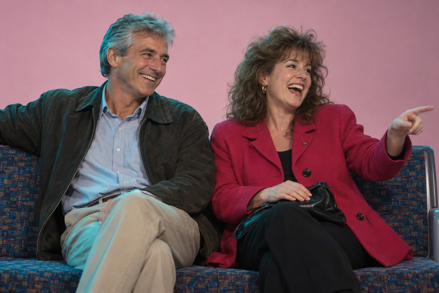 Two commuters on a train bench laughing, studio photograph in the style of 1999 Sydney
