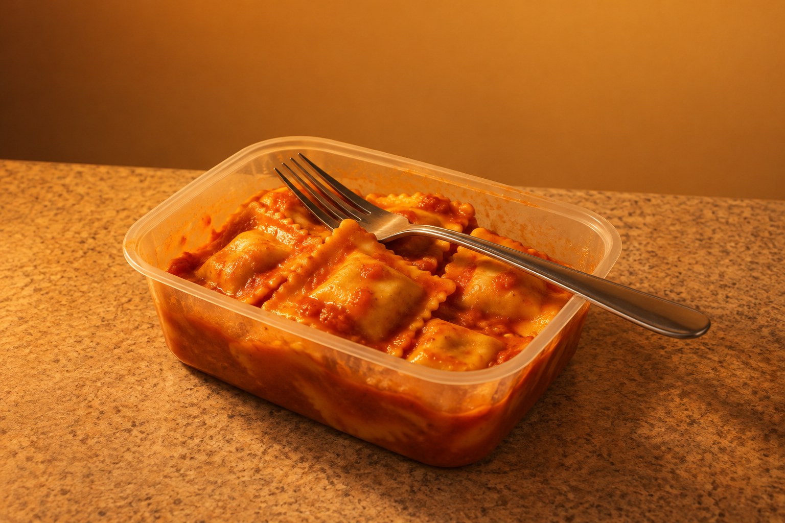 A tub of ravioli with a fork on a kitchen bench under amber light
