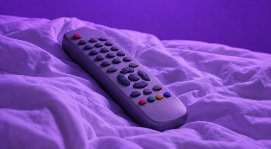 A television remote control on a rumpled motel bed sheet