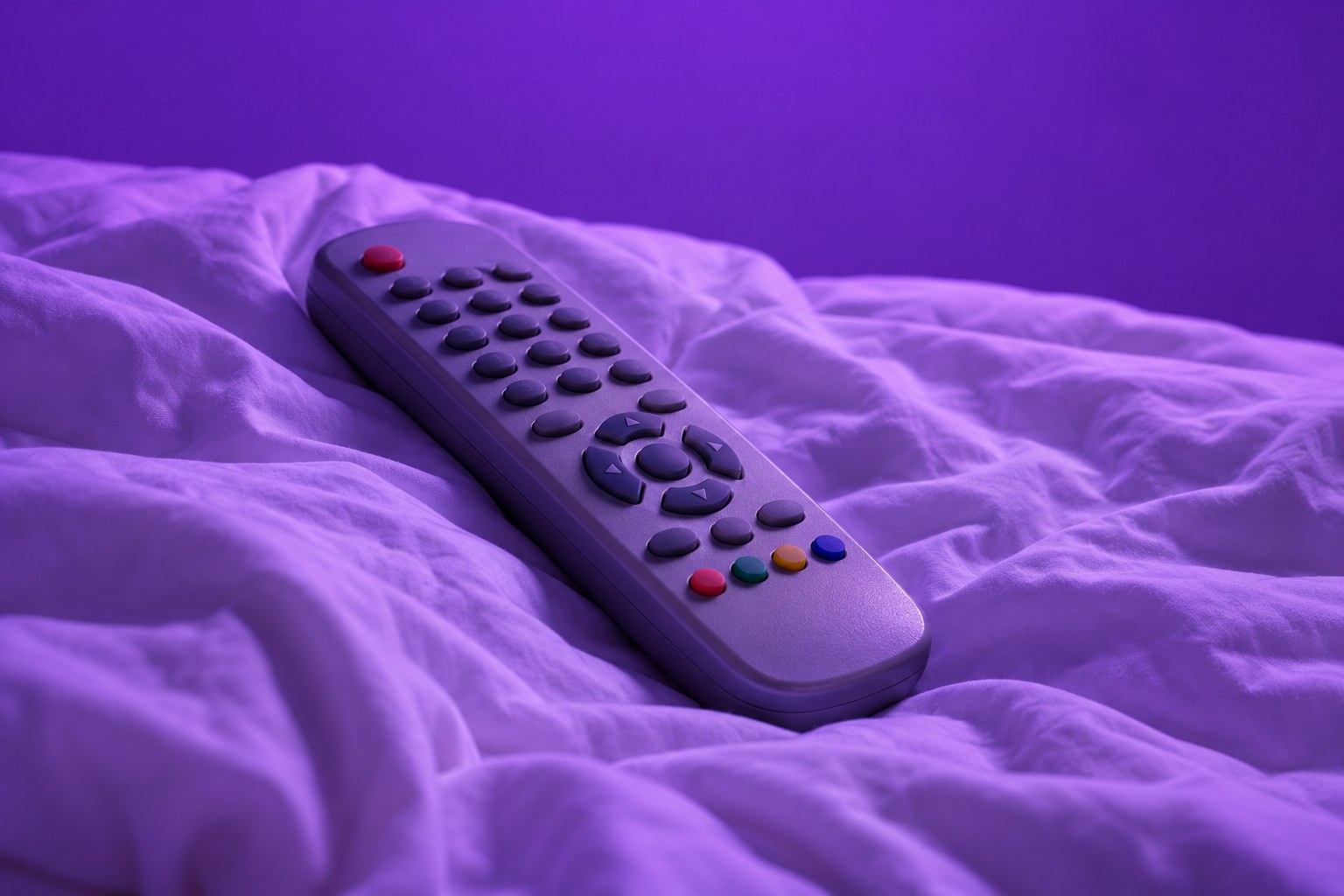 A television remote control on a rumpled motel bed sheet