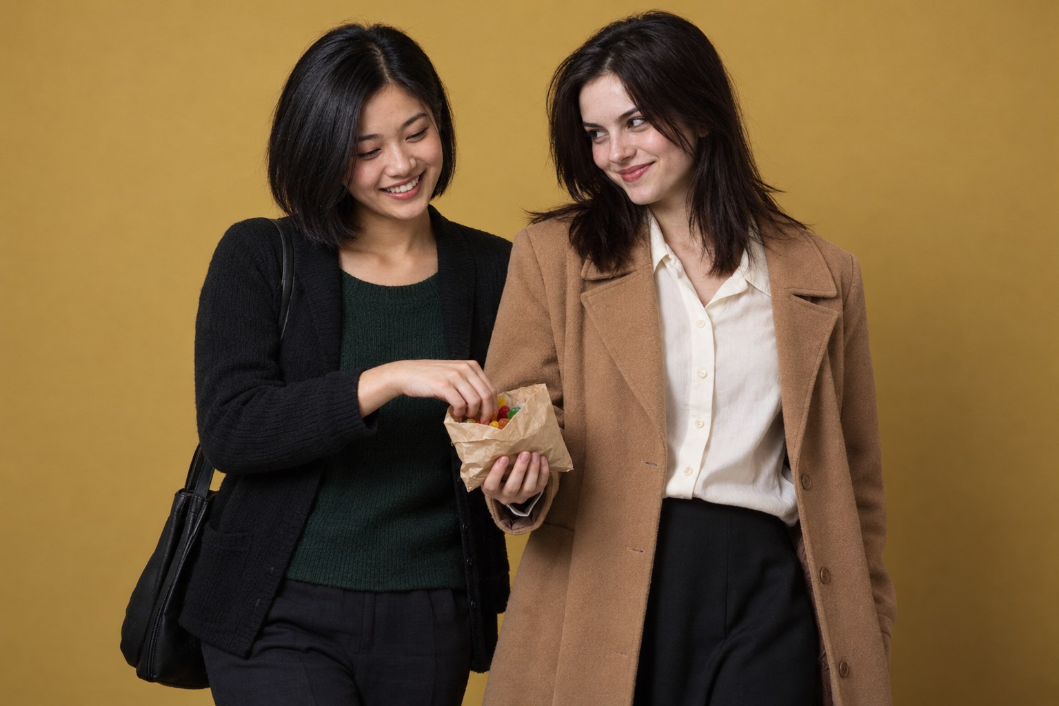 Two young women sharing lollies and laughing, studio photograph in the style of 1999 Sydney