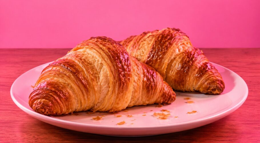 Two golden buttery croissants on a plain white plate.