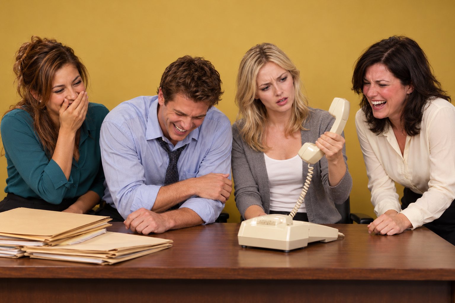 Four office workers laughing around a desk with a corded phone, studio photograph in the style of 1999 Sydney