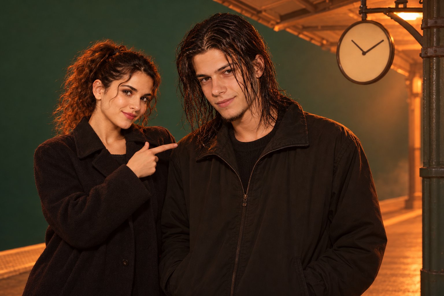 A young woman in a dark work coat points playfully at a young man on a cold railway platform, 1990s Australia.