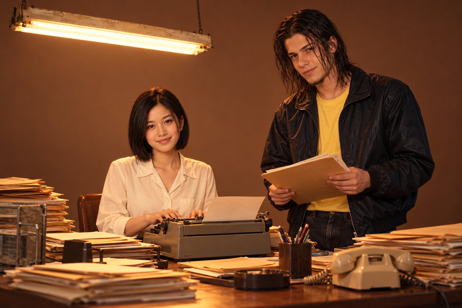 A young woman types at a cluttered legal office desk piled with files under a flickering fluorescent light, 1990s Australia.