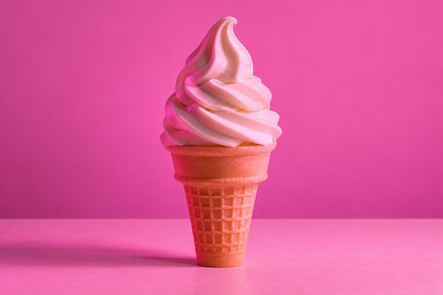 A vanilla ice cream in a wafer cone on a pale surface under pink light