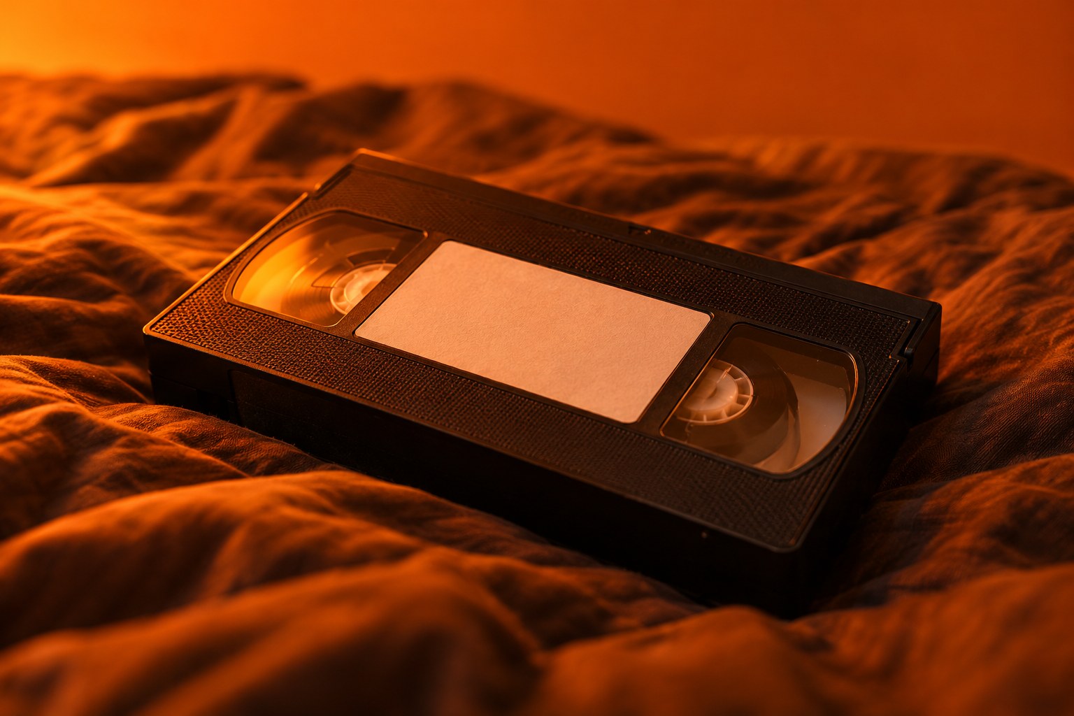 A black VHS videotape on a rumpled bedspread
