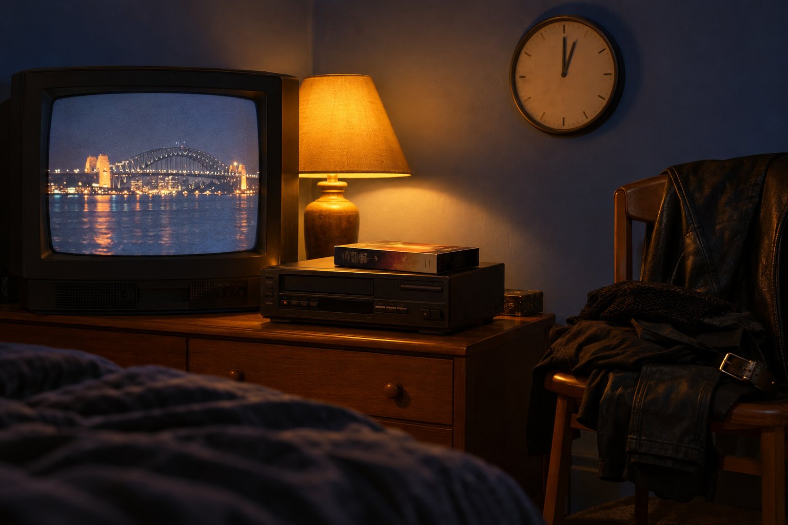 A rented video tape on a VCR beside a CRT television in a dark bedroom with a pile of black clothes in 1990s Australia.