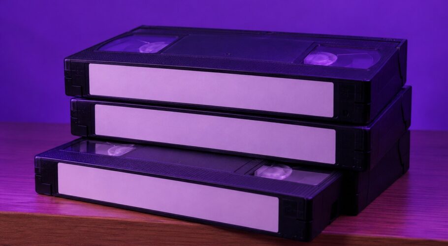 Three black VHS cassettes stacked on a shelf