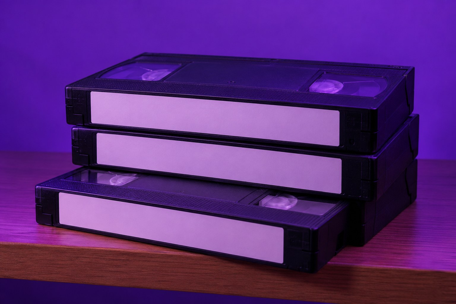 Three black VHS cassettes stacked on a shelf
