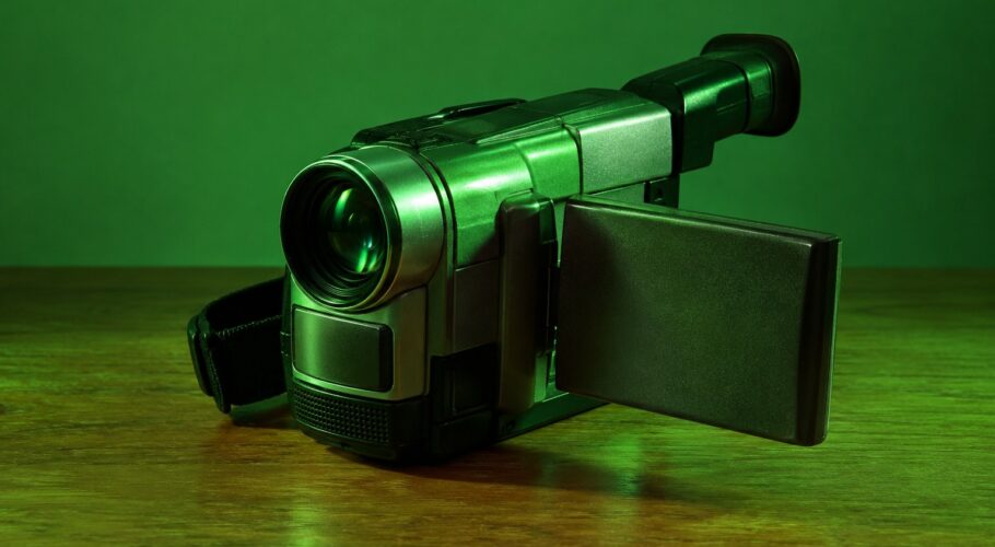 A 1990s handheld video camcorder on a wooden table