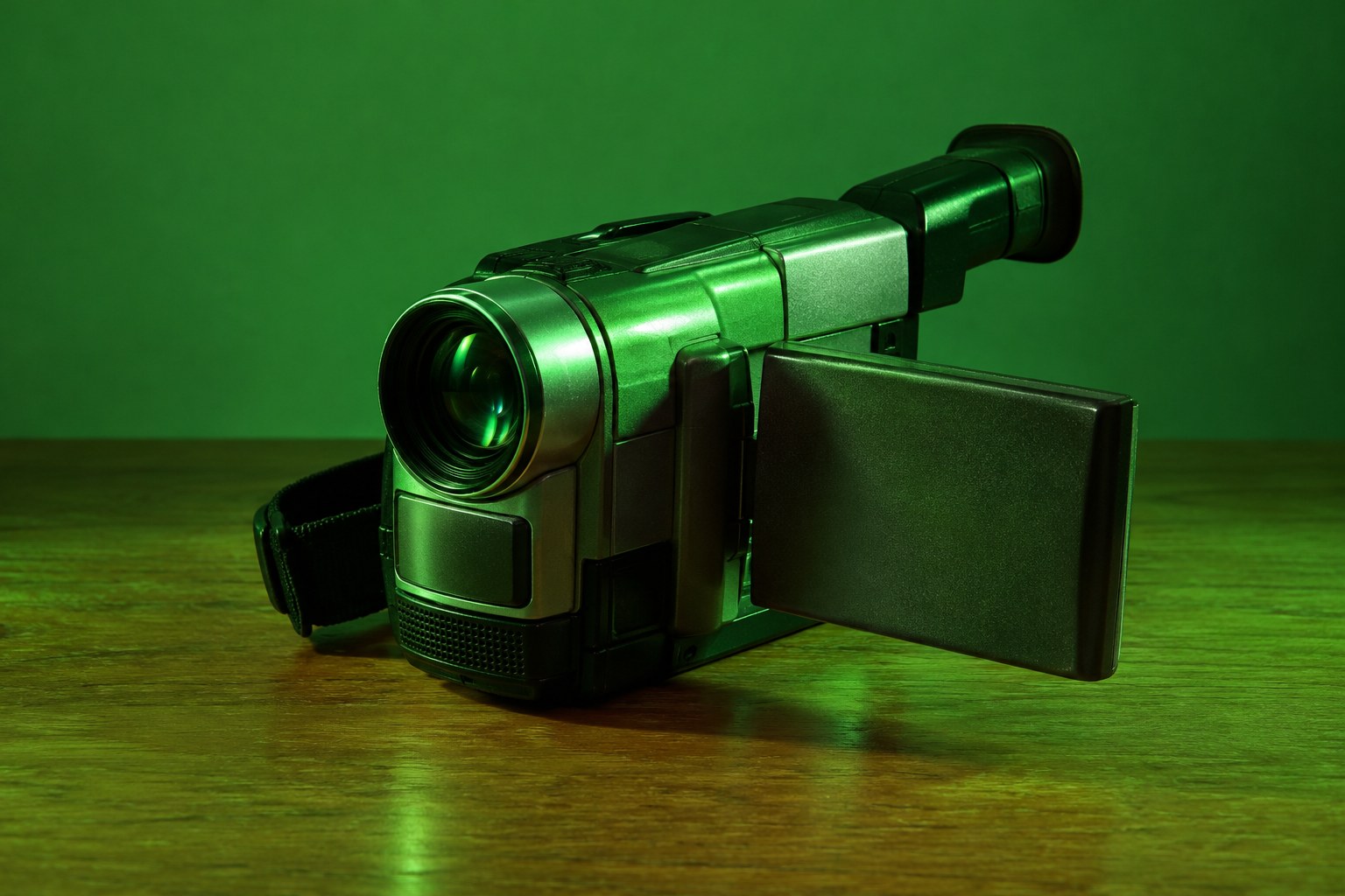 A 1990s handheld video camcorder on a wooden table