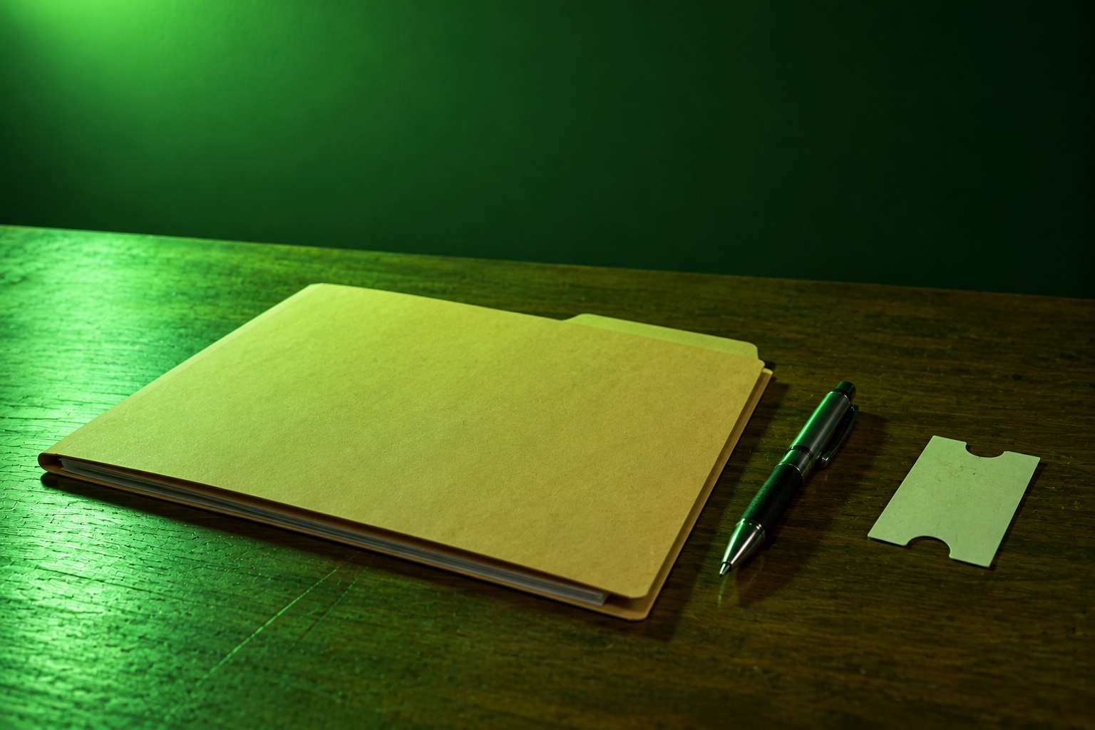 Folder, pen and queue ticket on a desk in green light