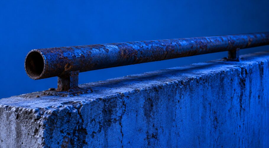 A weathered concrete ledge with a rusted metal tube along the top under blue light