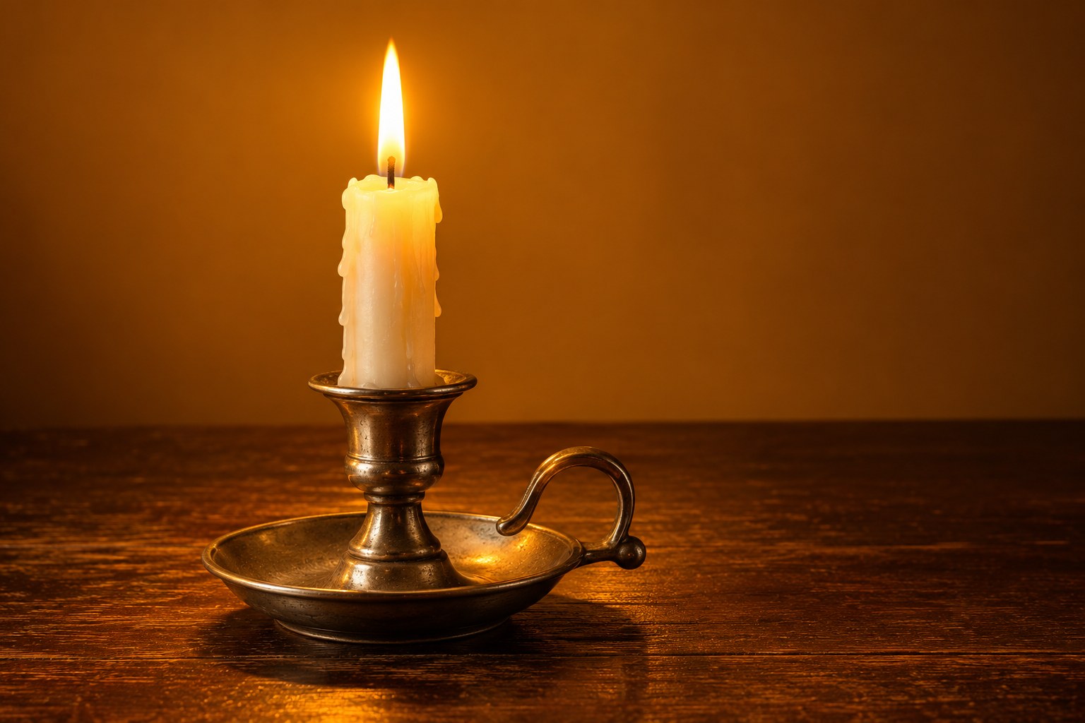 A white wax candle in a pewter candle holder against a plain dark amber backdrop