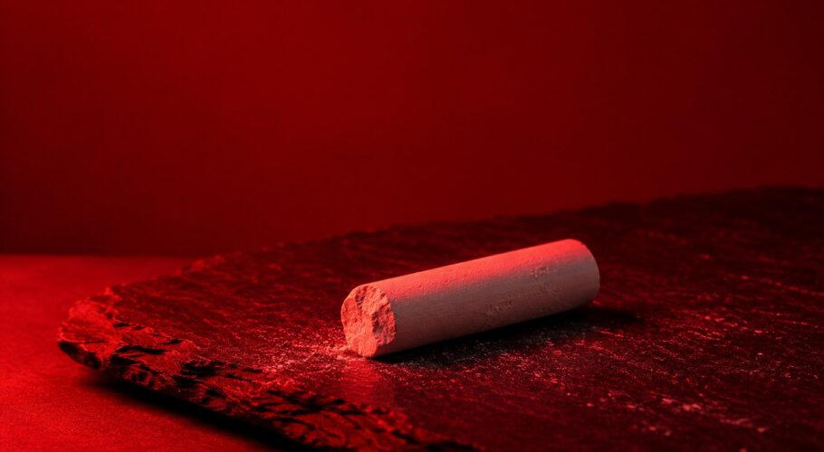 A stub of white chalk lying on a dark slate surface