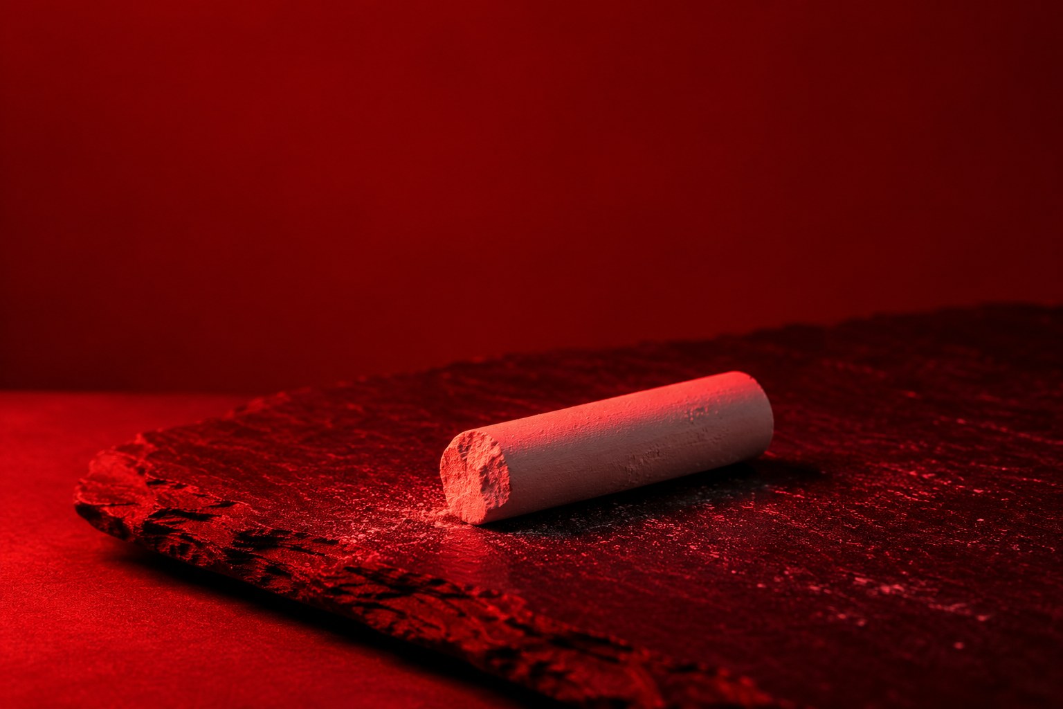 A stub of white chalk lying on a dark slate surface