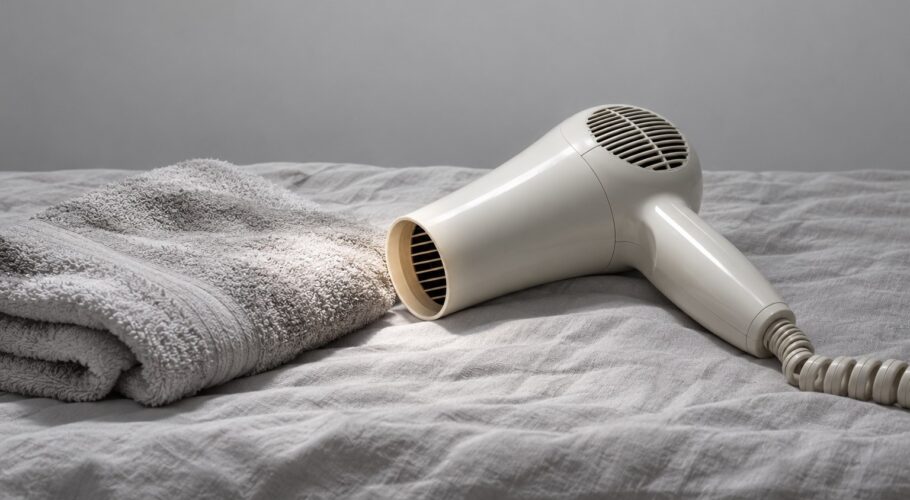 A white 1990s hair dryer beside a damp folded towel.