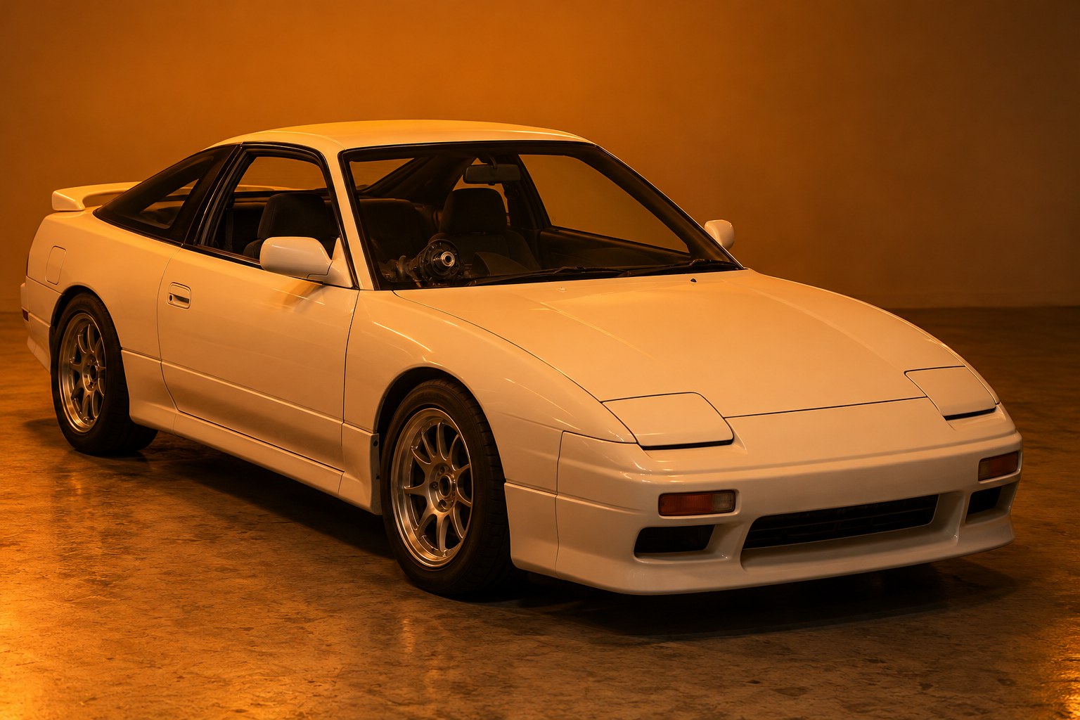 A white 1990s sports coupe on a concrete floor in amber light