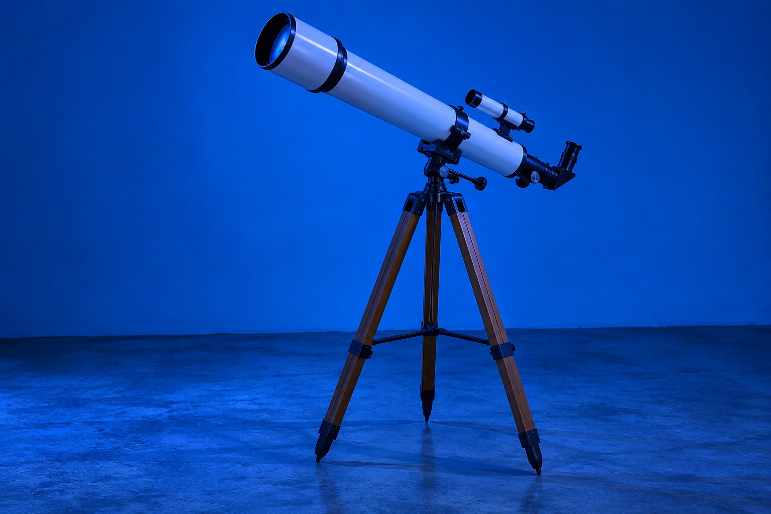 A white refracting telescope on a wooden tripod against a plain backdrop