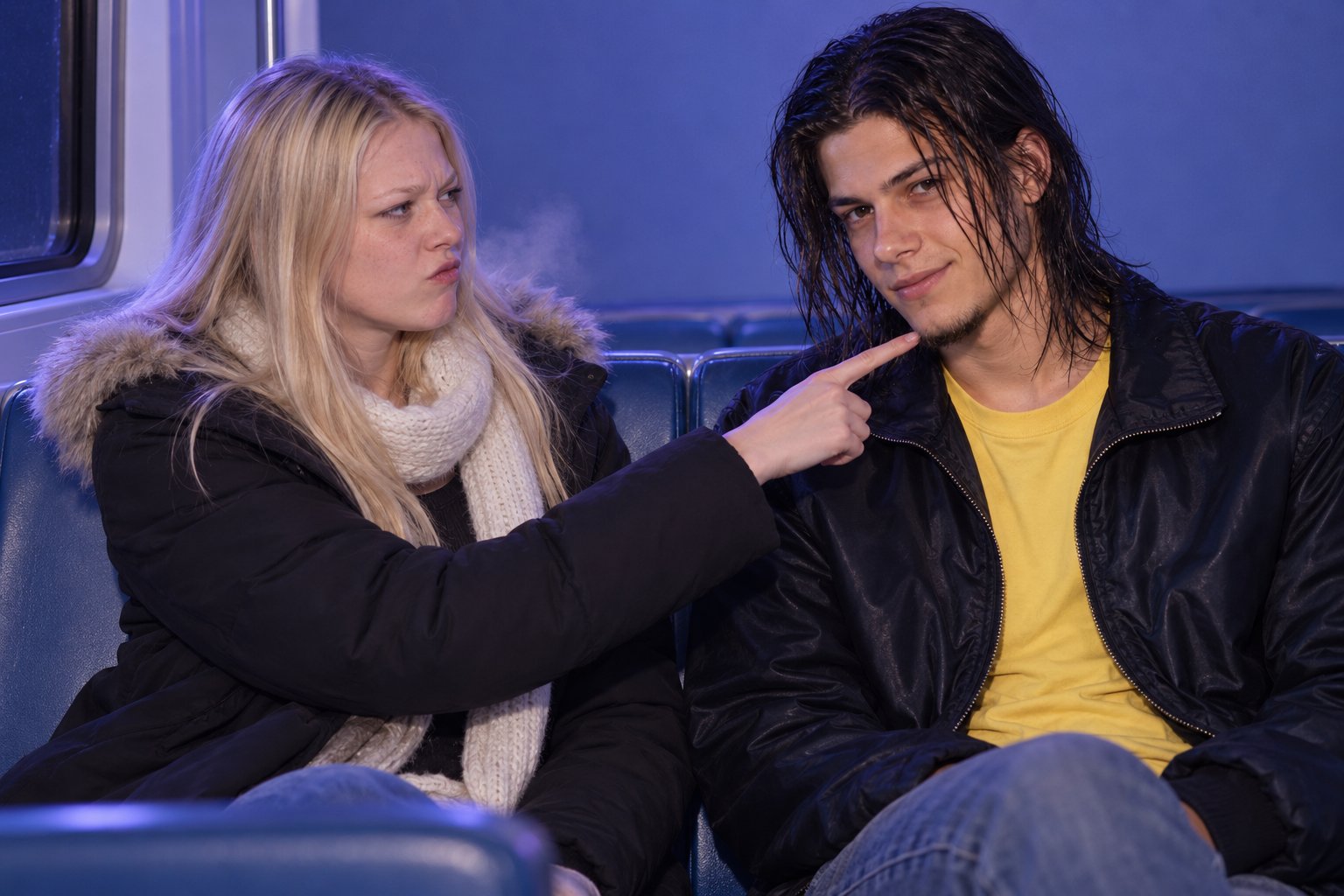 A young woman in a winter coat playfully scowls and points at a young man's chin on a cold suburban train, 1990s Australia.