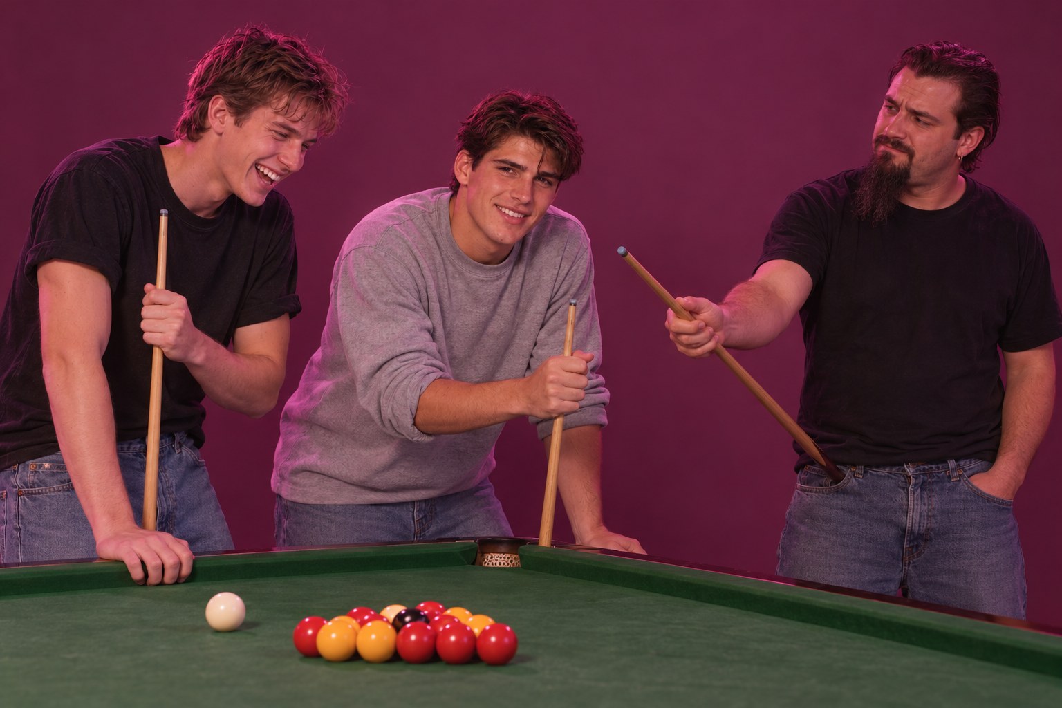 Two young men and a heavy man with a goatee around a snooker table, studio photograph in the style of 1999 Sydney