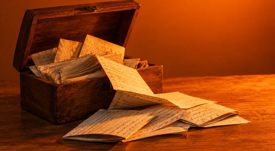 A wooden keepsake box with folded handwritten papers